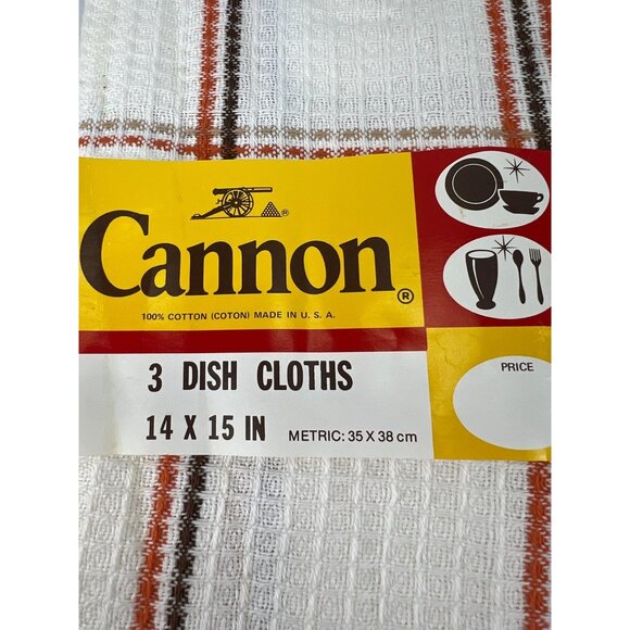 VTG Cannon 3 Piece Dish Cloths Set 14x15 In Cotton White Brown & Orange Plaid - Picture 2 of 4